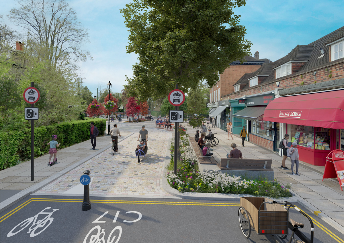 Artist drawing of Dulwich Village - pedestrians and bikers on broad pavement with shops and trees
